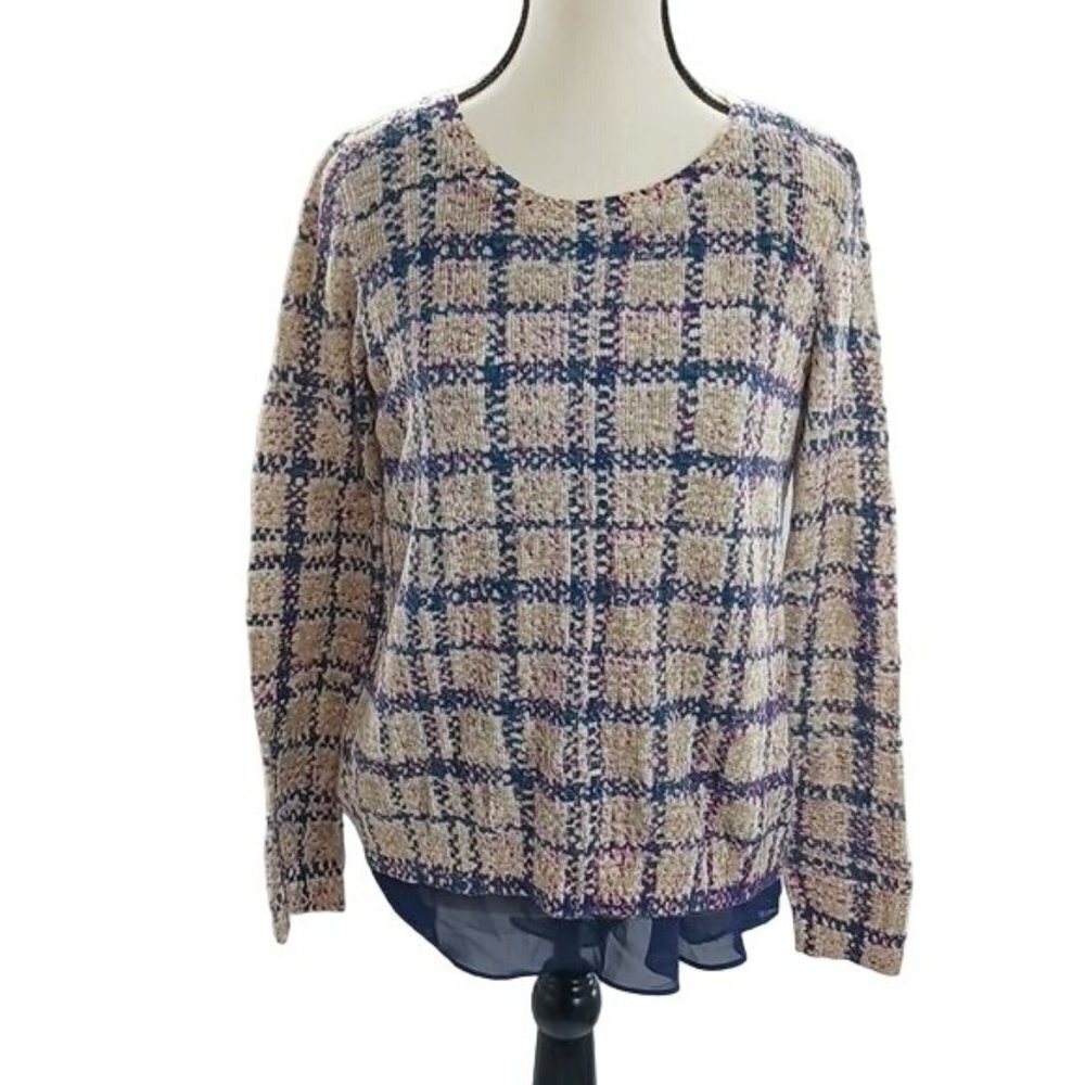 Lucky Brand Sweater Layered Effect Plaid Open Back Womens Size Medium